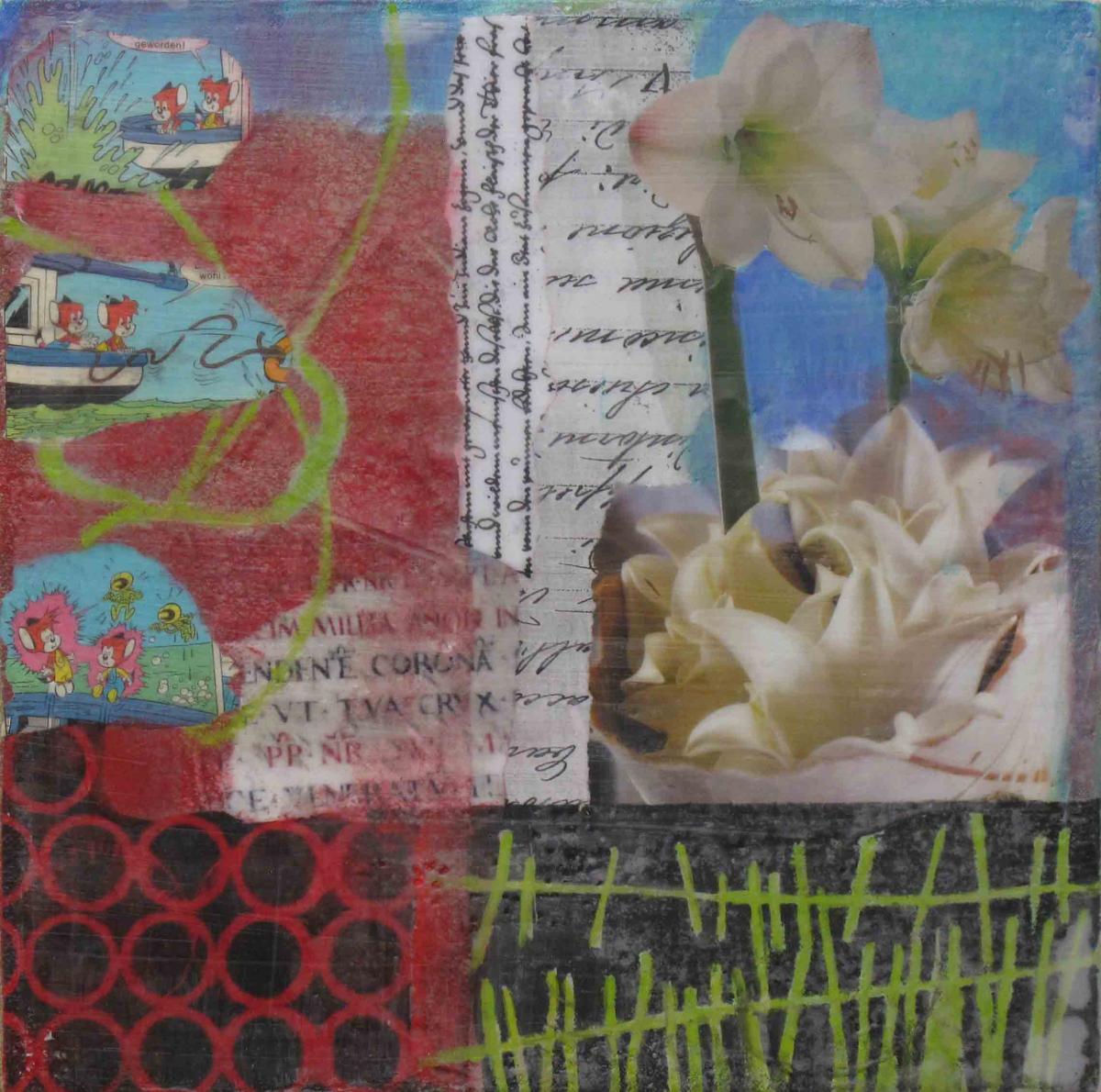 Florales IV, 2013, Acryl, Collage, Wachs auf Leinwand, 30 x 30 cm